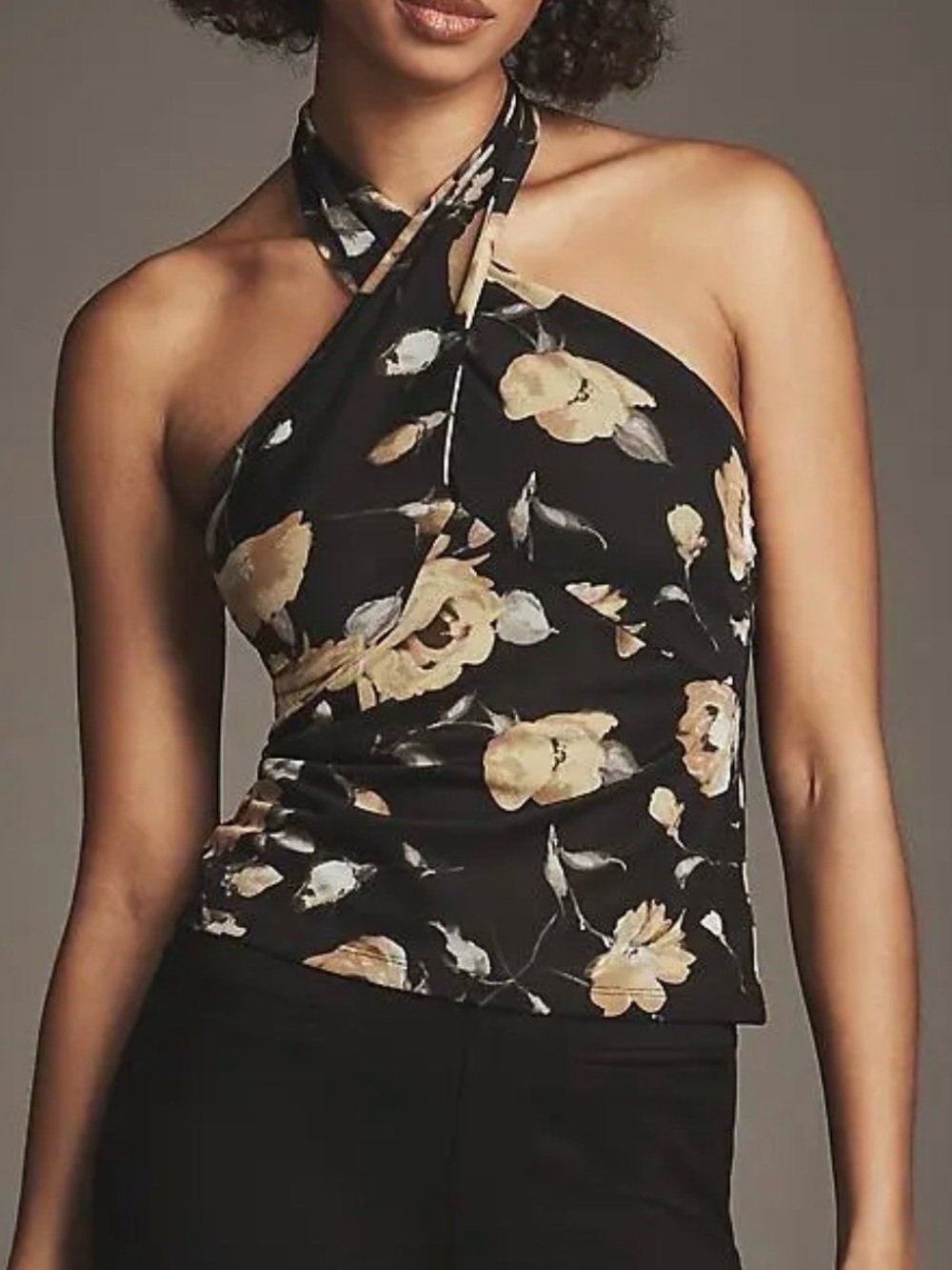 By Anthropologie Tie-Neck Shirred Halter Top Yellow Floral - Large